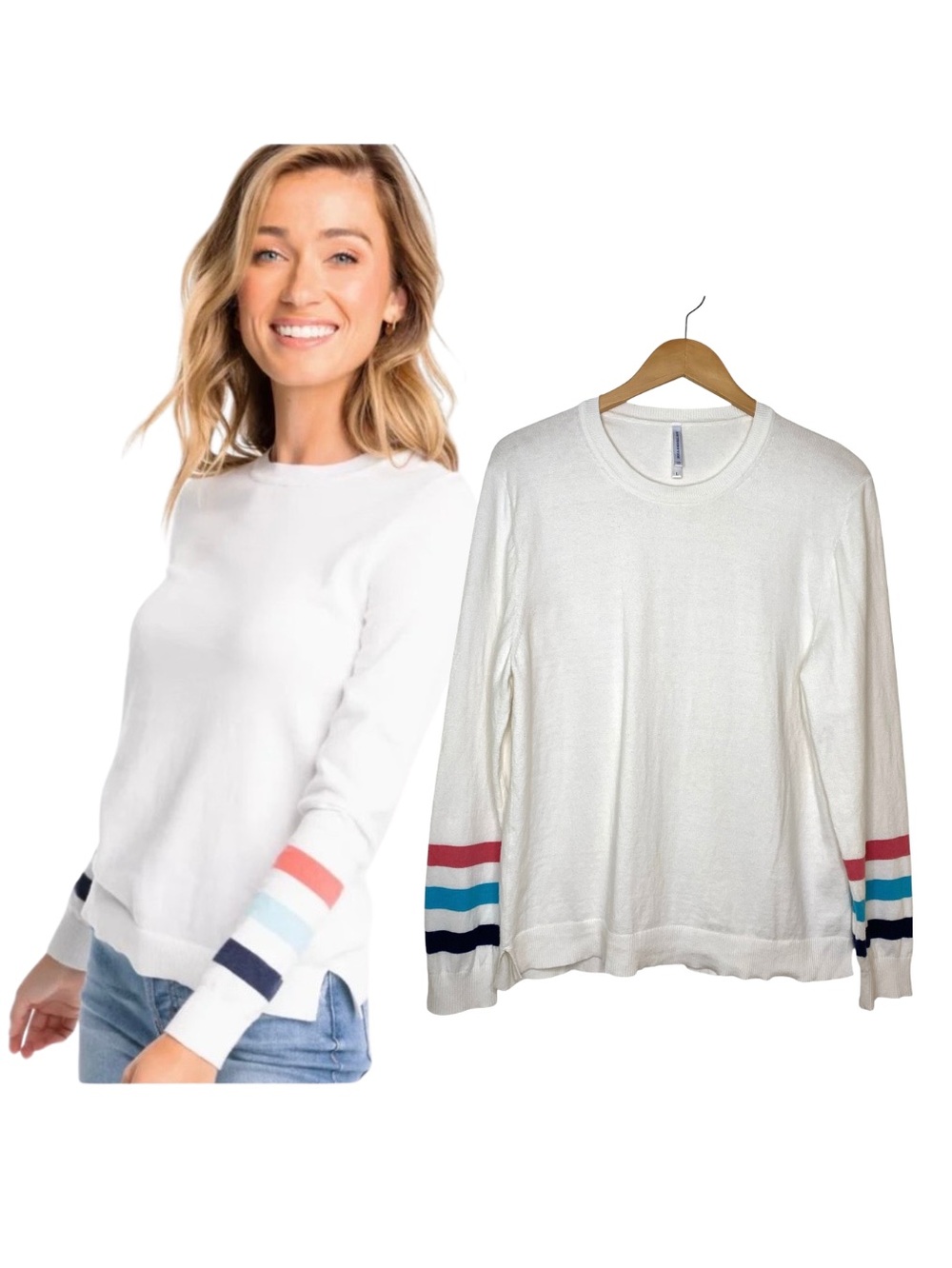 Southern Tide Cotton Cashmere Fireside Crewneck Sweater White w Stripes L
